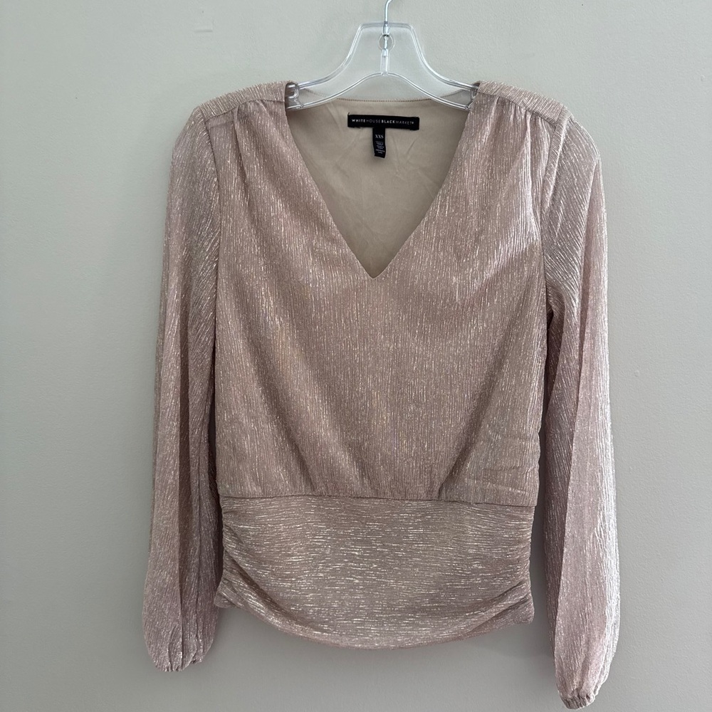 White House Black Market Shimmering Tan V-Neck Blouse - Picture 2 of 4